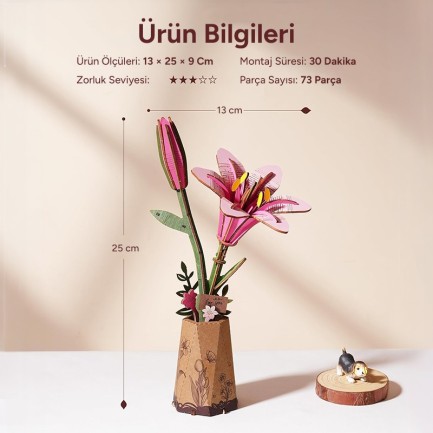 Rowood TW071 Pink Lily 3D Wooden Puzzle - Thumbnail