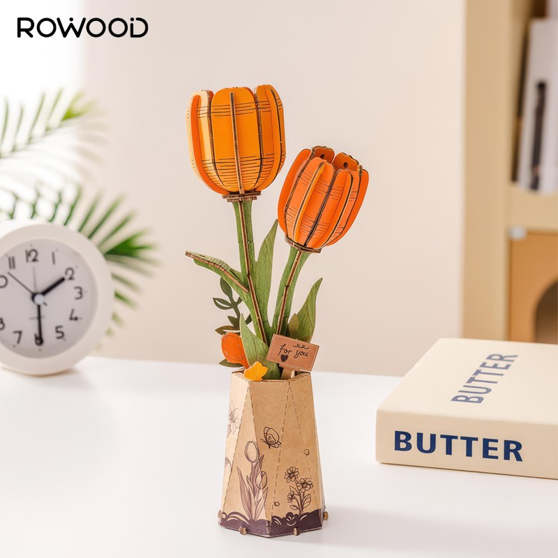 Rowood TW081 Lale Çiçeği (Orange Tulip) DIY Minyatür Maket Model Seti Ahşap 3D Wooden Puzzle 3D Model Kit Ahşap Maket Dekoratif Hobi Seti
