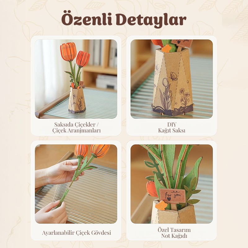 Rowood TW081 Lale Çiçeği (Orange Tulip) DIY Minyatür Maket Model Seti Ahşap 3D Wooden Puzzle 3D Model Kit Ahşap Maket Dekoratif Hobi Seti