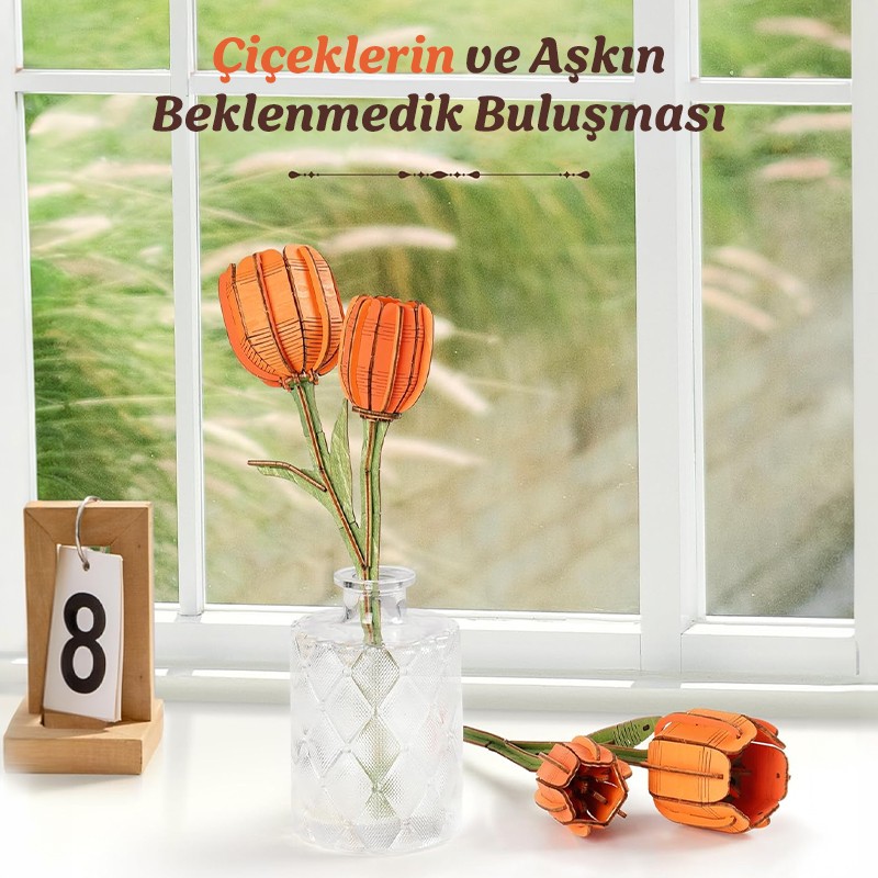 Rowood TW081 Lale Çiçeği (Orange Tulip) DIY Minyatür Maket Model Seti Ahşap 3D Wooden Puzzle 3D Model Kit Ahşap Maket Dekoratif Hobi Seti