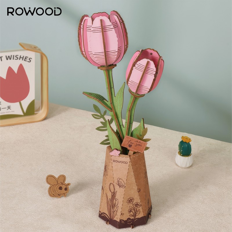 Rowood TW082 Pembe Lale Çiçek (Pink Tulip) DIY Minyatür Maket Model Ahşap 3D Wooden Puzzle Model Kit Ahşap Maket Dekoratif Hobi Seti