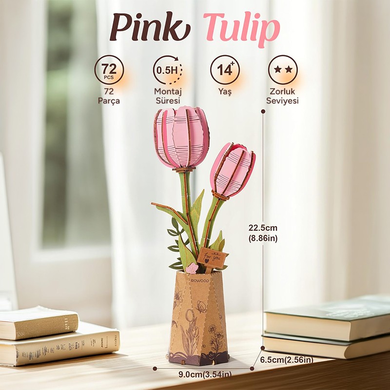 Rowood TW082 Pembe Lale Çiçek (Pink Tulip) DIY Minyatür Maket Model Ahşap 3D Wooden Puzzle Model Kit Ahşap Maket Dekoratif Hobi Seti