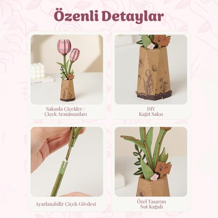 Rowood TW082 Pembe Lale Çiçek (Pink Tulip) DIY Minyatür Maket Model Ahşap 3D Wooden Puzzle Model Kit Ahşap Maket Dekoratif Hobi Seti - Thumbnail
