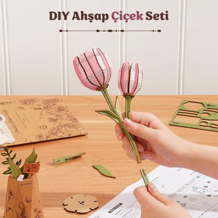 Rowood TW082 Pembe Lale Çiçek (Pink Tulip) DIY Minyatür Maket Model Ahşap 3D Wooden Puzzle Model Kit Ahşap Maket Dekoratif Hobi Seti - Thumbnail
