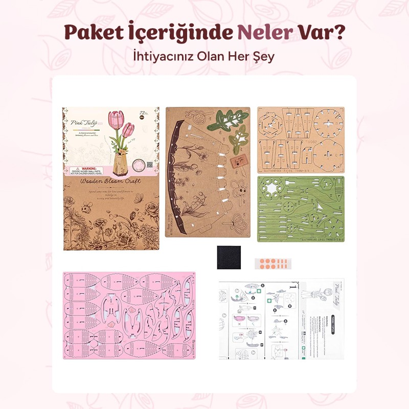 Rowood TW082 Pembe Lale Çiçek (Pink Tulip) DIY Minyatür Maket Model Ahşap 3D Wooden Puzzle Model Kit Ahşap Maket Dekoratif Hobi Seti