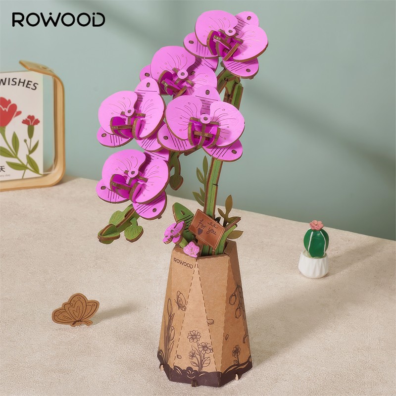 Rowood TW091 Orkide Çiçeği Purple Moth Orchid DIY Minyatür Maket Model Set Ahşap 3D Wooden Puzzle Model Kit Ahşap Maket Dekoratif Hobi Seti