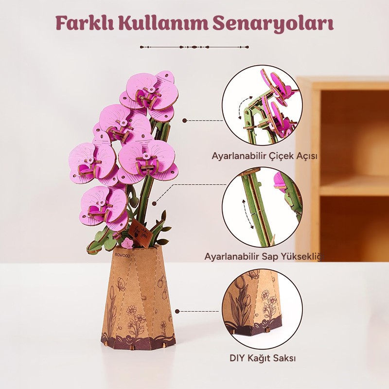 Rowood TW091 Orkide Çiçeği Purple Moth Orchid DIY Minyatür Maket Model Set Ahşap 3D Wooden Puzzle Model Kit Ahşap Maket Dekoratif Hobi Seti