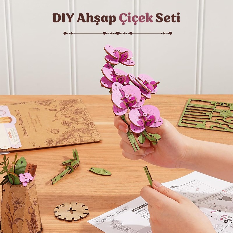 Rowood TW091 Orkide Çiçeği Purple Moth Orchid DIY Minyatür Maket Model Set Ahşap 3D Wooden Puzzle Model Kit Ahşap Maket Dekoratif Hobi Seti