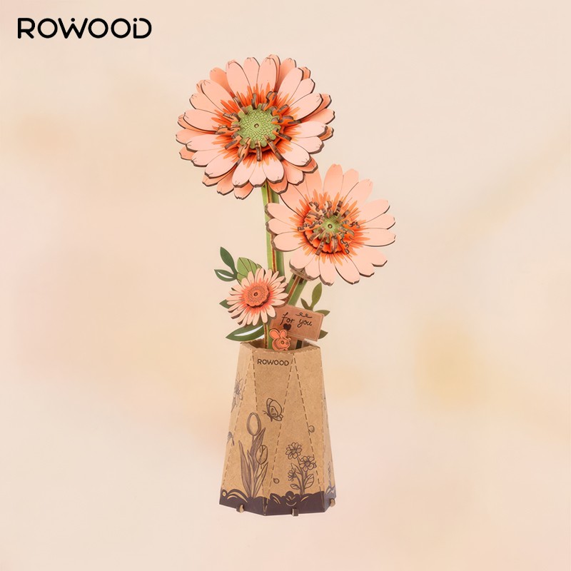 Rowood TW111 Gerbera Çiçeği Light Orange Gerbera DIY Minyatür Maket Model Set Ahşap 3D Wooden Puzzle 3D Model Kit Ahşap Maket Dekoratif Hobi Seti