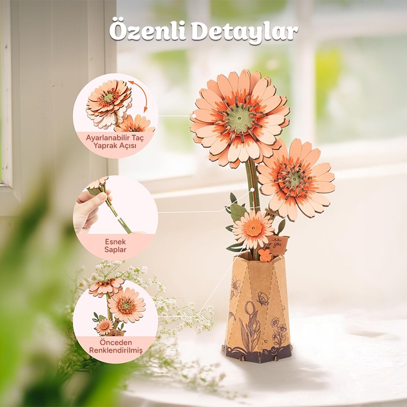 Rowood TW111 Gerbera Çiçeği Light Orange Gerbera DIY Minyatür Maket Model Set Ahşap 3D Wooden Puzzle 3D Model Kit Ahşap Maket Dekoratif Hobi Seti
