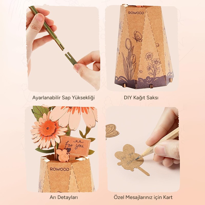 Rowood TW111 Gerbera Çiçeği Light Orange Gerbera DIY Minyatür Maket Model Set Ahşap 3D Wooden Puzzle 3D Model Kit Ahşap Maket Dekoratif Hobi Seti