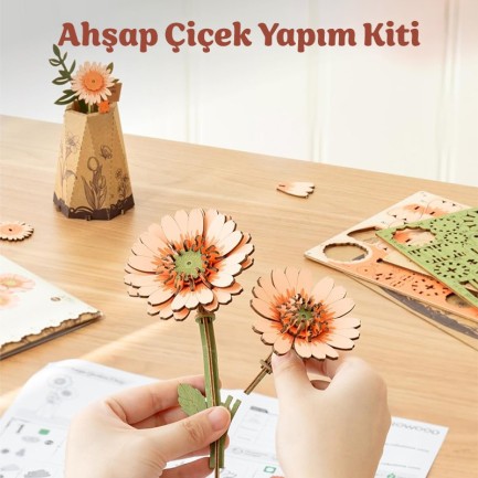 Rowood TW111 Gerbera Çiçeği Light Orange Gerbera DIY Minyatür Maket Model Set Ahşap 3D Wooden Puzzle 3D Model Kit Ahşap Maket Dekoratif Hobi Seti - Thumbnail