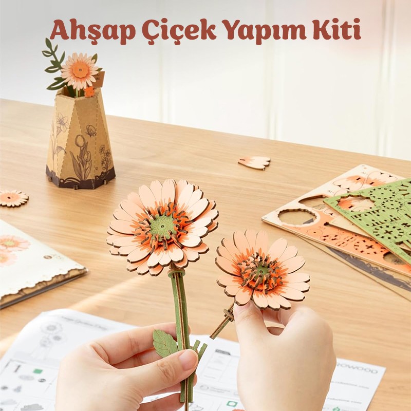Rowood TW111 Gerbera Çiçeği Light Orange Gerbera DIY Minyatür Maket Model Set Ahşap 3D Wooden Puzzle 3D Model Kit Ahşap Maket Dekoratif Hobi Seti
