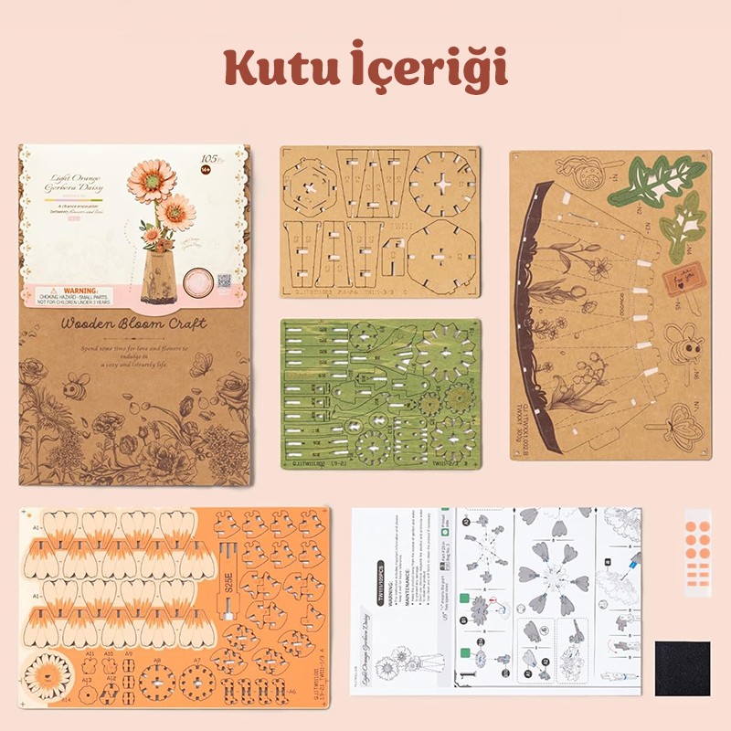 Rowood TW111 Gerbera Çiçeği Light Orange Gerbera DIY Minyatür Maket Model Set Ahşap 3D Wooden Puzzle 3D Model Kit Ahşap Maket Dekoratif Hobi Seti