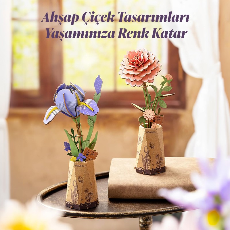 Rowood TW121 Süsen Çiçeği Purple Iris DIY Minyatür Maket Model Seti Ahşap 3D Wooden Puzzle Model Kit Ahşap Maket Dekoratif Hobi Seti