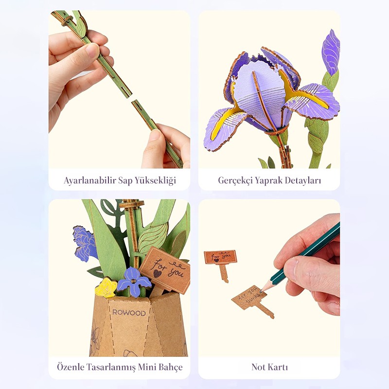Rowood TW121 Süsen Çiçeği Purple Iris DIY Minyatür Maket Model Seti Ahşap 3D Wooden Puzzle Model Kit Ahşap Maket Dekoratif Hobi Seti