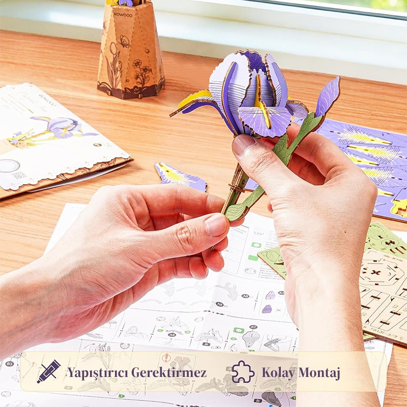Rowood TW121 Süsen Çiçeği Purple Iris DIY Minyatür Maket Model Seti Ahşap 3D Wooden Puzzle Model Kit Ahşap Maket Dekoratif Hobi Seti