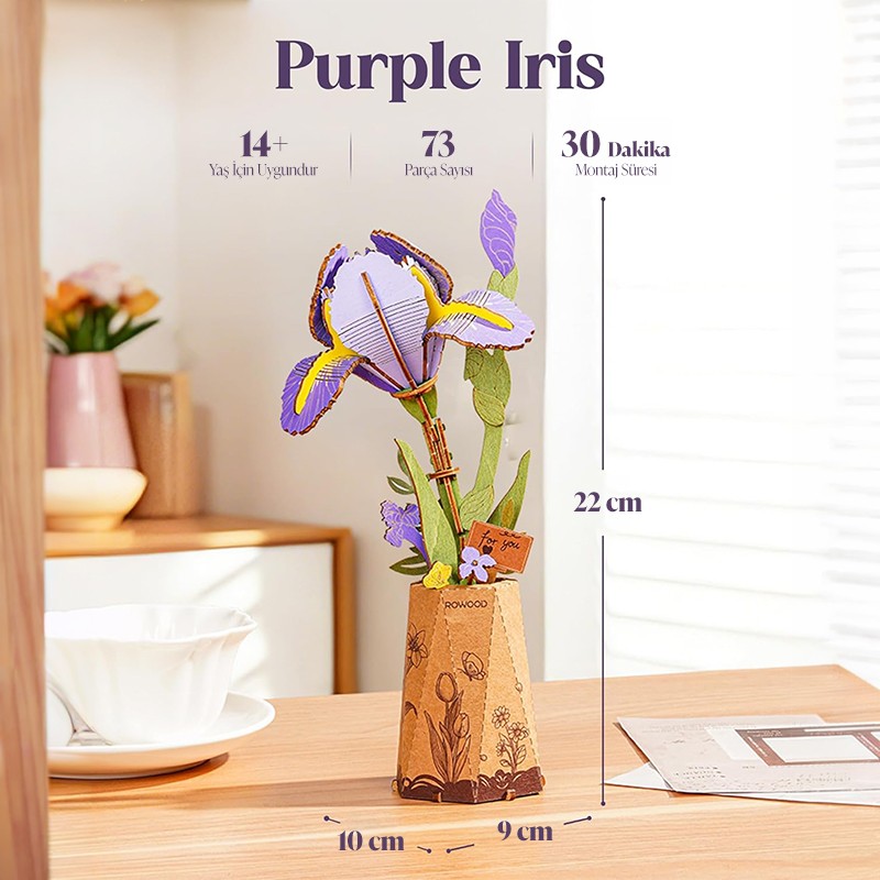 Rowood TW121 Süsen Çiçeği Purple Iris DIY Minyatür Maket Model Seti Ahşap 3D Wooden Puzzle Model Kit Ahşap Maket Dekoratif Hobi Seti