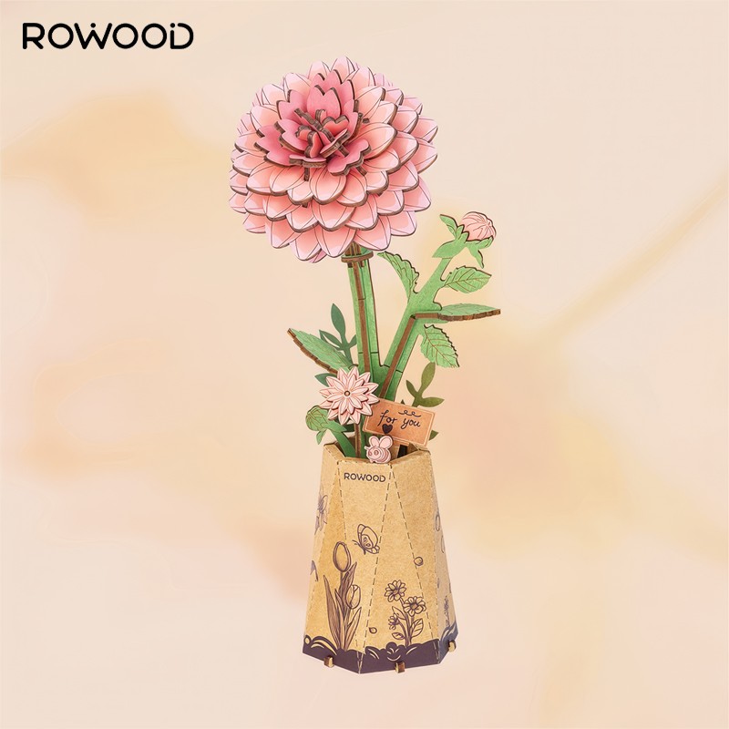 Rowood TW131 Yıldız Çiçeği Pink Dahlia DIY Minyatür Maket Model Set Ahşap 3D Wooden Puzzle Model Kit Ahşap Maket Dekoratif Hobi Seti