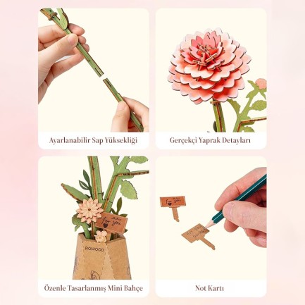 Rowood TW131 Yıldız Çiçeği Pink Dahlia DIY Minyatür Maket Model Set Ahşap 3D Wooden Puzzle Model Kit Ahşap Maket Dekoratif Hobi Seti - Thumbnail