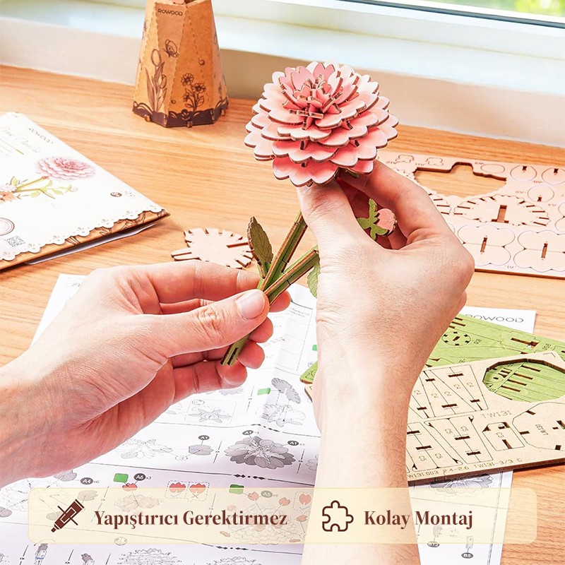 Rowood TW131 Yıldız Çiçeği Pink Dahlia DIY Minyatür Maket Model Set Ahşap 3D Wooden Puzzle Model Kit Ahşap Maket Dekoratif Hobi Seti