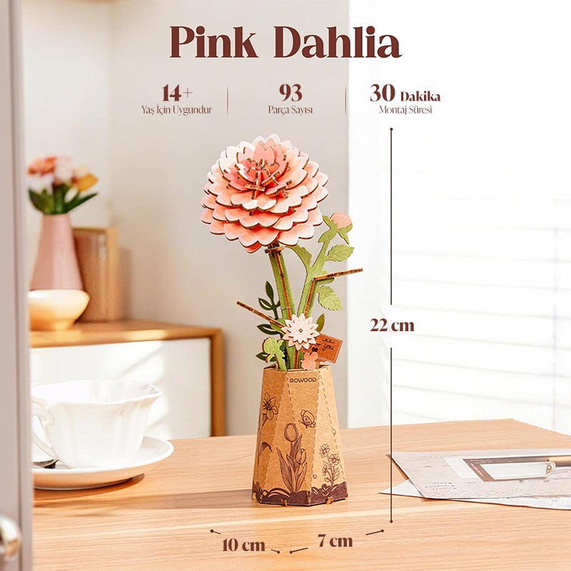 Rowood TW131 Yıldız Çiçeği Pink Dahlia DIY Minyatür Maket Model Set Ahşap 3D Wooden Puzzle Model Kit Ahşap Maket Dekoratif Hobi Seti