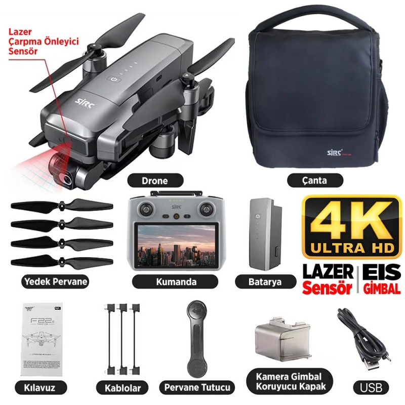 SJRC F22 S2+ XR 4K Kameralı Drone Seti - Ekranlı Kumanda-6KM Menzil+Çarpışma Sensörü+40 Dakika Uçuş Süresi+Çanta+EIS Gimbal