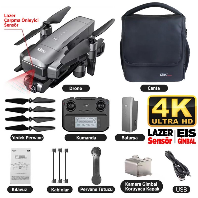 SJRC F22 S2 Pro+ 4K Kameralı Drone Seti - 6KM Menzil+Çarpışma Sensörü+40 Dakika Uçuş Süresi+Çanta+EIS Gimbal