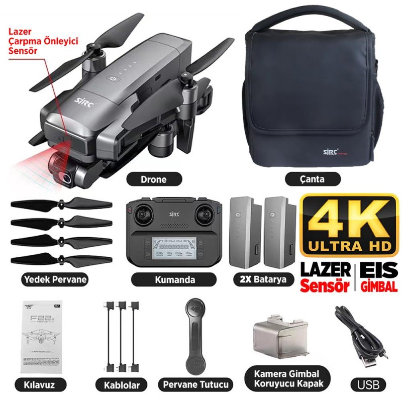 SJRC F22 S2 Pro+ Combo 4K Kameralı Drone Seti - 2Batarya+6KM Menzil+Çarpışma Sensörü+40 Dakika Uçuş Süresi+Çanta+EIS Gimbal