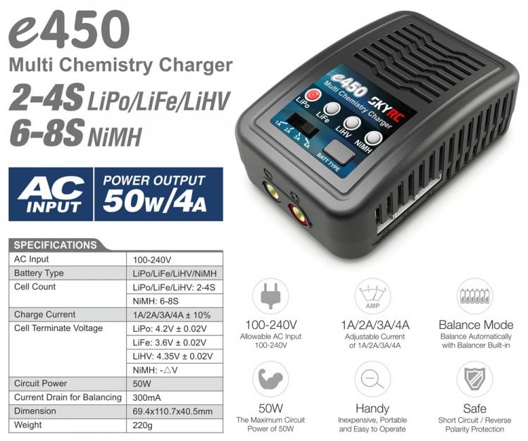 SKYRC E450 LiPo Şarj Aleti 4A 50W ( Lipo/Life/Nicd)