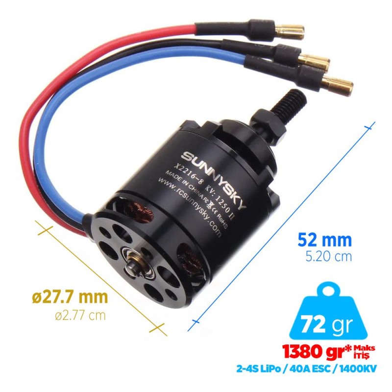 SunnySky X2216 KV1400 Outrunner Brushless Fırçasız Motor Multikopter Multirotor Drone Motoru CW (Saat Yönü) - 1 Adet