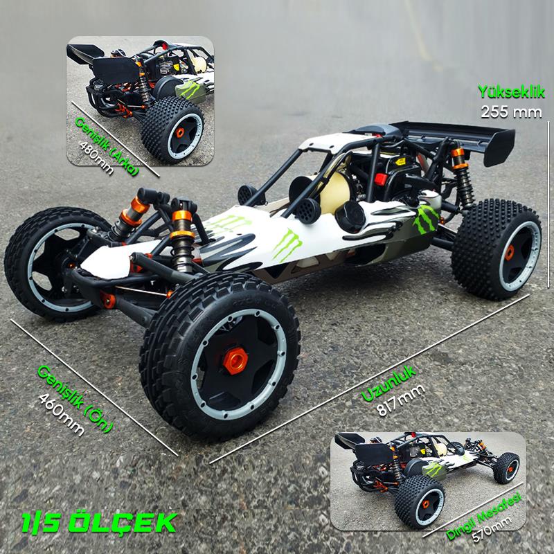 SY RACING 1/5 Baja 5B 30.5CC RTR Kurşunsuz Benzinli Uzaktan Kumandalı RC Arazi Model Araba 80+kmh 75CM Uzunluk Offroad Beyaz-Yeşil (Kullanıma Hazır)