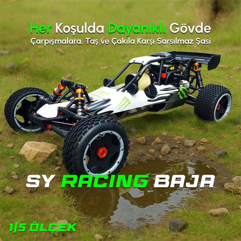 SY RACING 1/5 Baja 5B 30.5CC RTR Kurşunsuz Benzinli Uzaktan Kumandalı RC Arazi Model Araba 80+kmh 75CM Uzunluk Offroad Beyaz-Yeşil (Kullanıma Hazır)