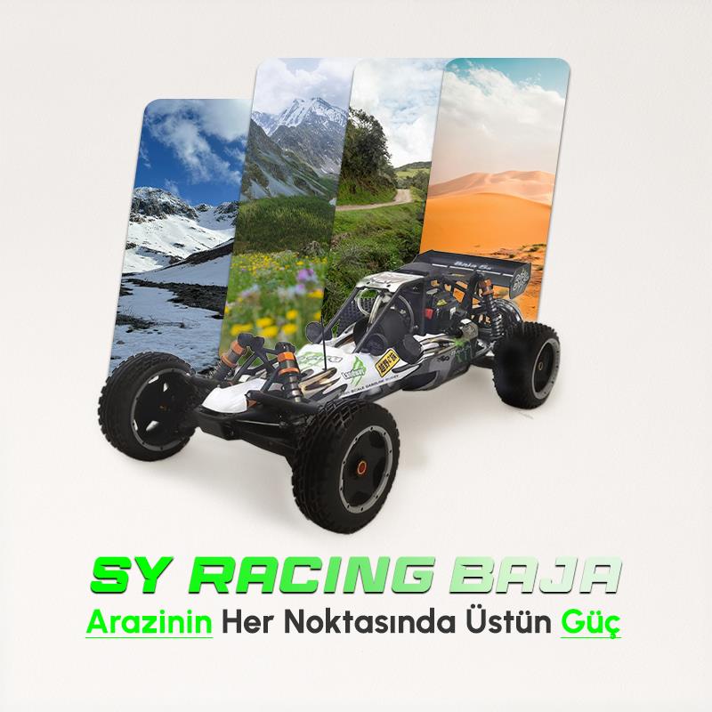 SY RACING 1/5 Baja 5B 30.5CC RTR Kurşunsuz Benzinli Uzaktan Kumandalı RC Arazi Model Araba 80+kmh 75CM Uzunluk Offroad Beyaz-Yeşil (Kullanıma Hazır)