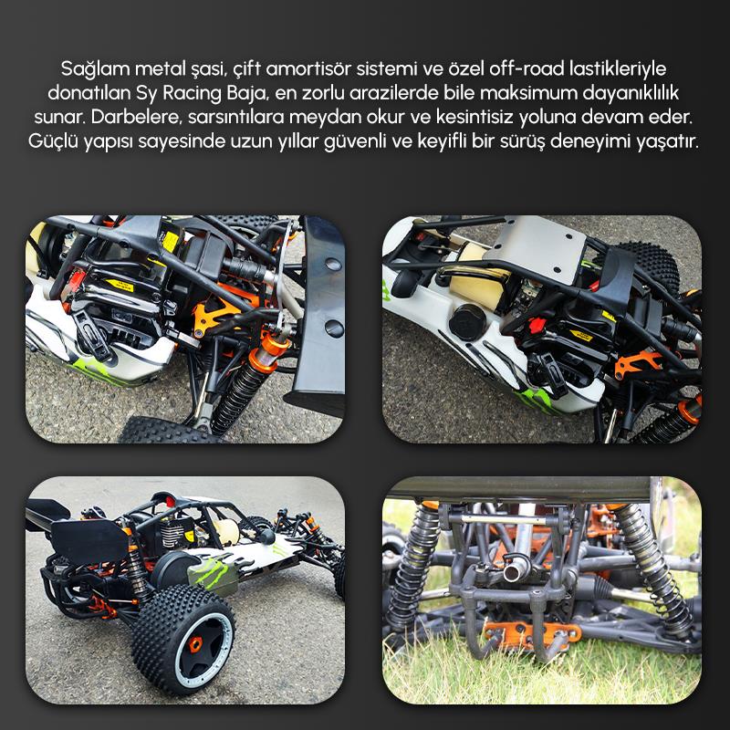 SY RACING 1/5 Baja 5B 30.5CC RTR Kurşunsuz Benzinli Uzaktan Kumandalı RC Arazi Model Araba 80+kmh 75CM Uzunluk Offroad Beyaz-Yeşil (Kullanıma Hazır)