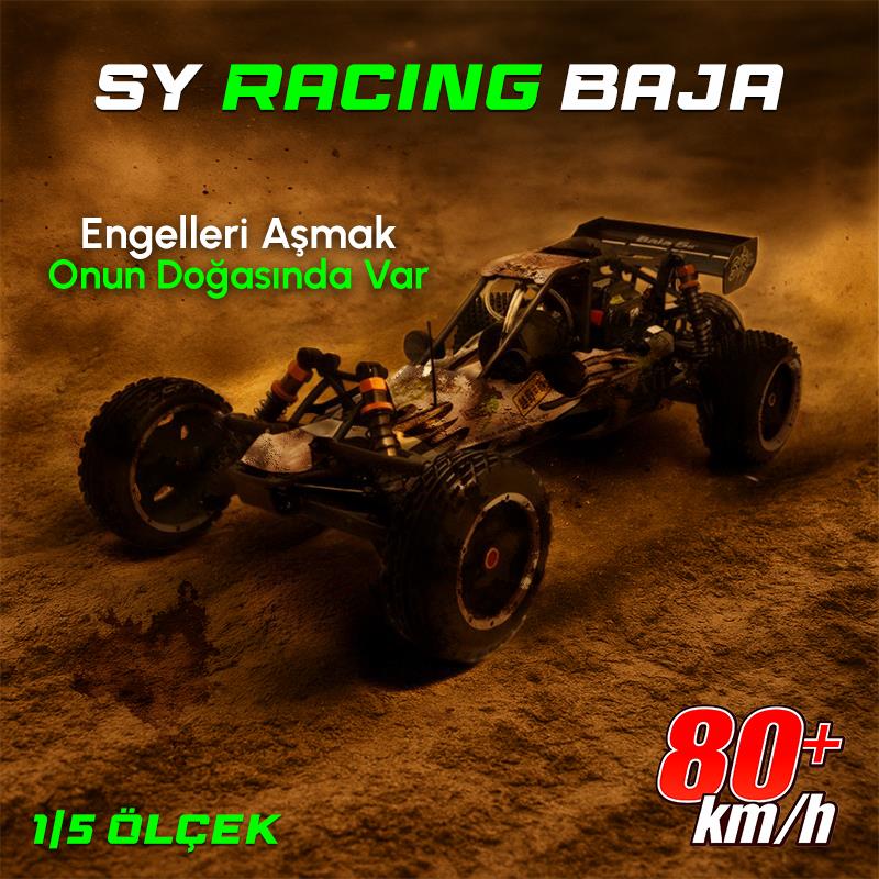SY RACING 1/5 Baja 5B 30.5CC RTR Kurşunsuz Benzinli Uzaktan Kumandalı RC Arazi Model Araba 80+kmh 75CM Uzunluk Offroad Beyaz-Yeşil (Kullanıma Hazır)