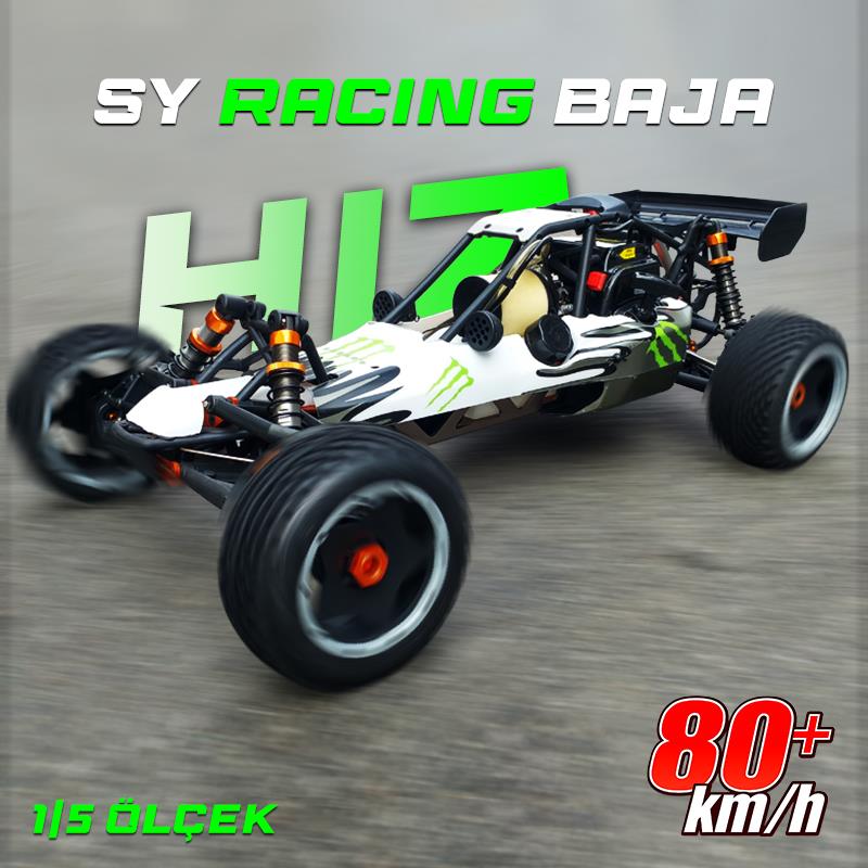 SY RACING 1/5 Baja 5B 30.5CC RTR Kurşunsuz Benzinli Uzaktan Kumandalı RC Arazi Model Araba 80+kmh 75CM Uzunluk Offroad Beyaz-Yeşil (Kullanıma Hazır)
