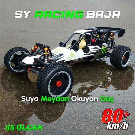 SY RACING 1/5 Baja 5B 30.5CC RTR Kurşunsuz Benzinli Uzaktan Kumandalı RC Arazi Model Araba 80+kmh 75CM Uzunluk Offroad Beyaz-Yeşil (Kullanıma Hazır) - Thumbnail