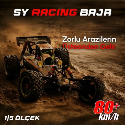 SY RACING 1/5 Baja 5B 30.5CC RTR Kurşunsuz Benzinli Uzaktan Kumandalı RC Arazi Model Araba 80+kmh 75CM Uzunluk Offroad Gri (Kullanıma Hazır) - Thumbnail