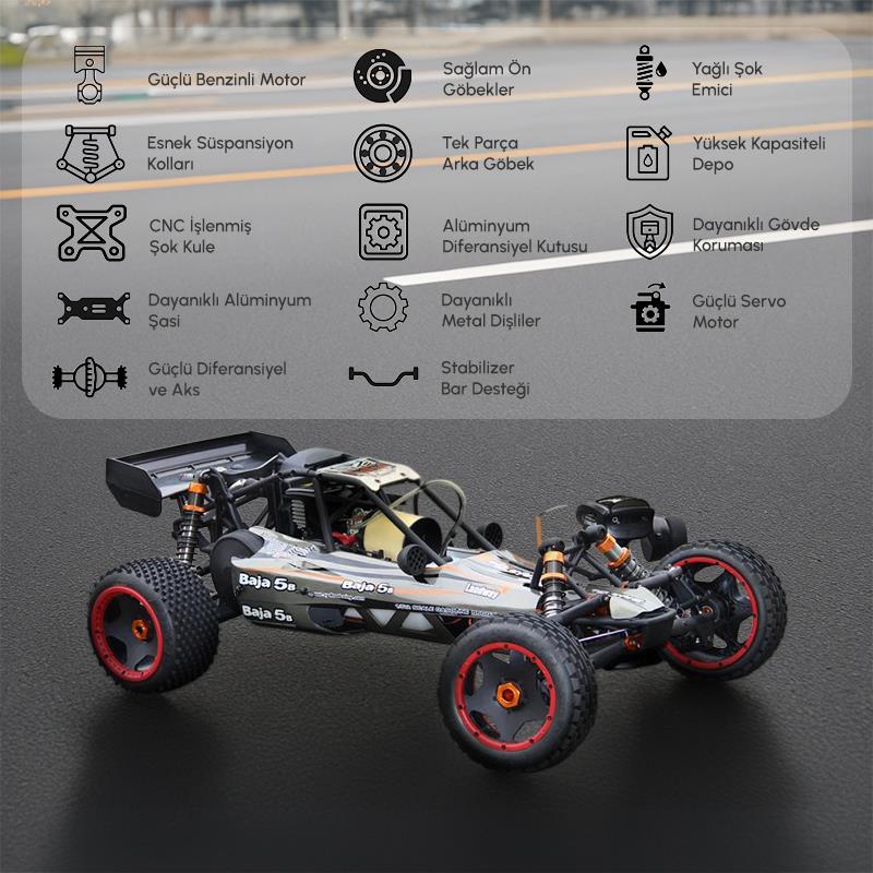 SY RACING 1/5 Baja 5B 30.5CC RTR Kurşunsuz Benzinli Uzaktan Kumandalı RC Arazi Model Araba 80+kmh 75CM Uzunluk Offroad Gri (Kullanıma Hazır)