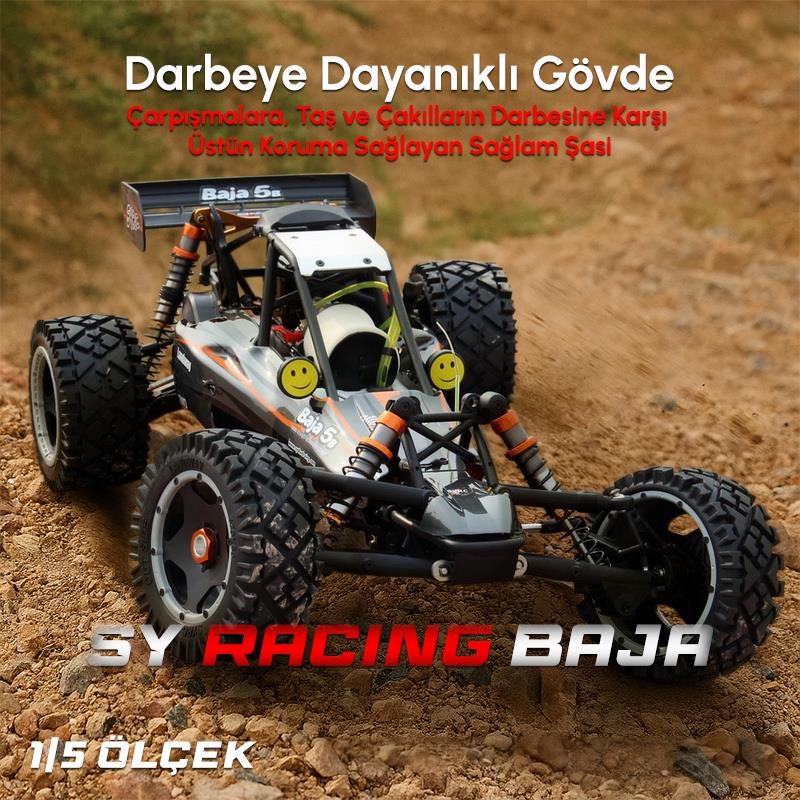 SY RACING 1/5 Baja 5B 30.5CC RTR Kurşunsuz Benzinli Uzaktan Kumandalı RC Arazi Model Araba 80+kmh 75CM Uzunluk Offroad Gri (Kullanıma Hazır)