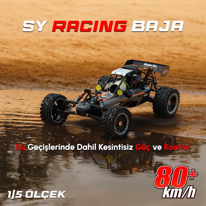 SY RACING 1/5 Baja 5B 30.5CC RTR Kurşunsuz Benzinli Uzaktan Kumandalı RC Arazi Model Araba 80+kmh 75CM Uzunluk Offroad Gri (Kullanıma Hazır)