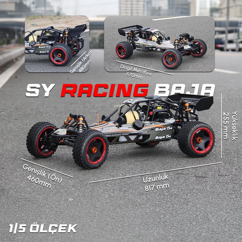 SY RACING 1/5 Baja 5B 30.5CC RTR Kurşunsuz Benzinli Uzaktan Kumandalı RC Arazi Model Araba 80+kmh 75CM Uzunluk Offroad Gri (Kullanıma Hazır)