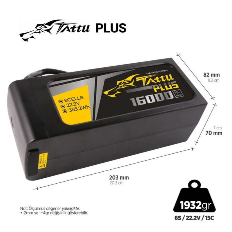 Tattu Plus 6S 16000mAh 22.2V 15C Lityum Polimer Li-Po Lipo Smart Batarya Drone Pil