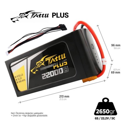 TATTU - Tattu Plus 6S 22000mAh 22.2V 25C Lityum Polimer Li-Po Lipo Smart Batarya Drone Pil