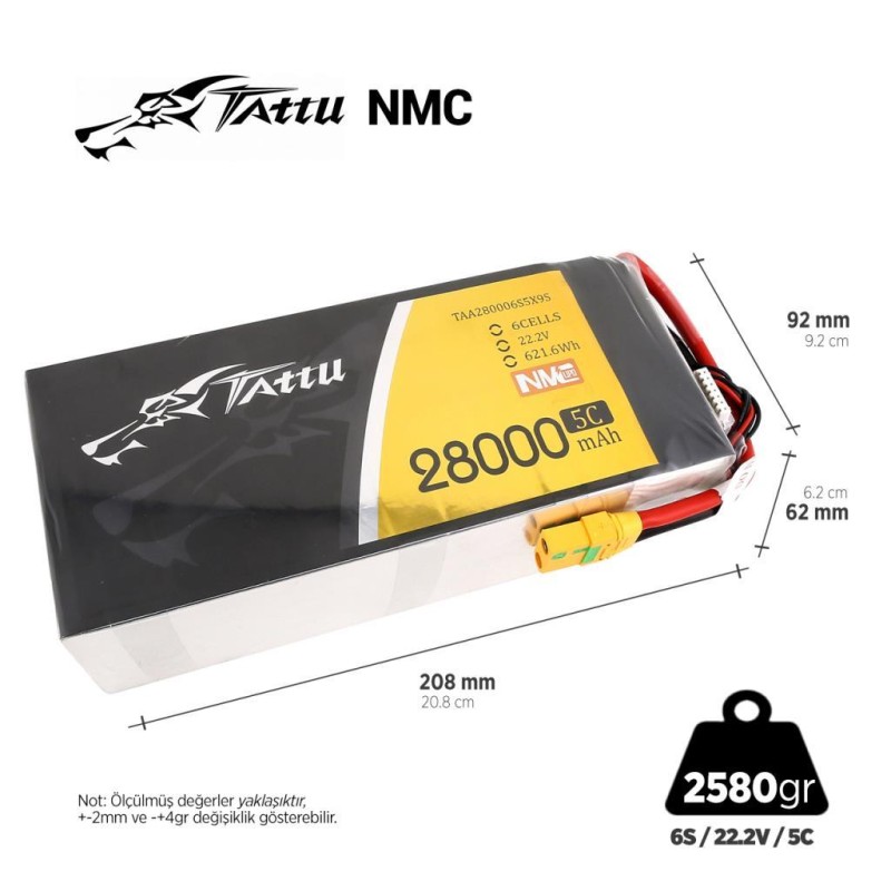 Tattu Semi-Solid State 28000mAh 22.2V 6S NMC Lityum Polimer Li-Po Lipo Batarya Drone Pil