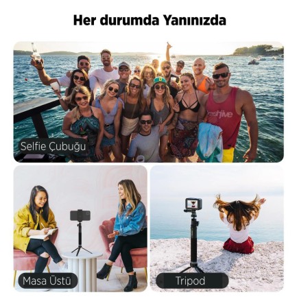TELESIN Aksiyon Kamera & Telefon & DSLR Kameralar İçin 90CM Alüminyum Üst Kalite Selfie Çubuğu + Tripod - Thumbnail