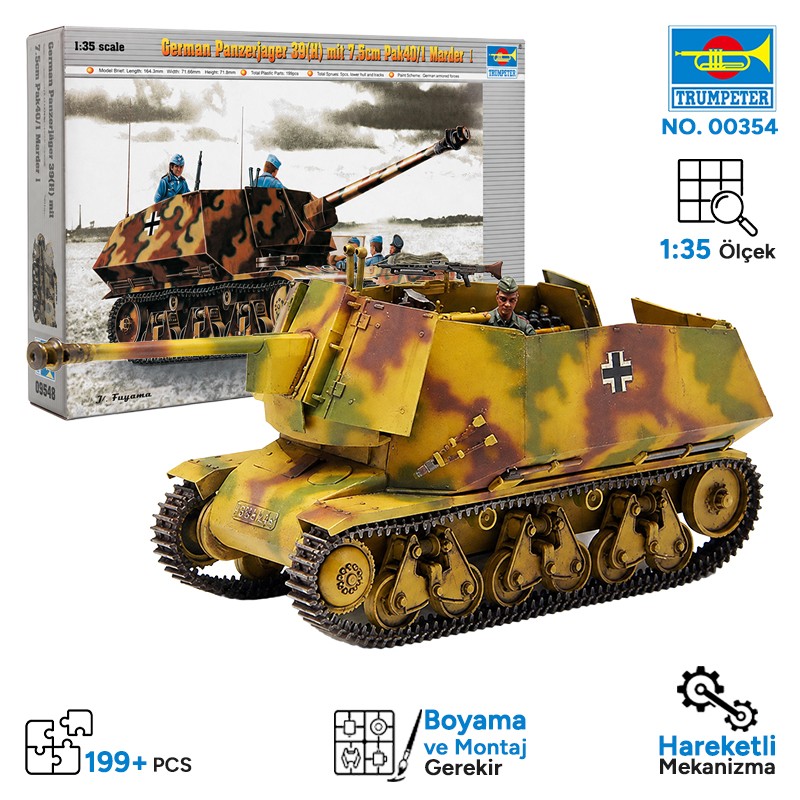 Trumpeter 00354 Panzerjager39(H)75mm Marder II Maket Model Kit