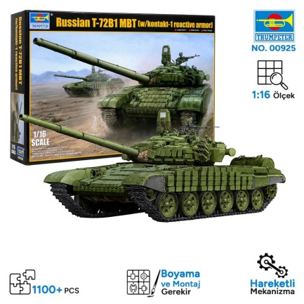 Trumpeter 00925 Russian T-72B1 MBT (w/kontakt-1 reactive armor) Maket Model Kit - Thumbnail