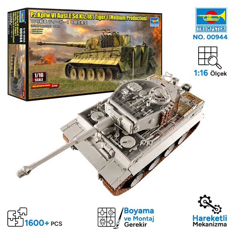 Trumpeter 00944 Pz.Kpfw.VI Ausf.E Sd.Kfz.181 Tiger I (Medium Production) Maket Model Kit